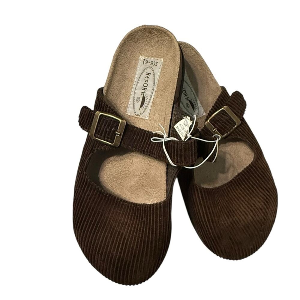 Vtg 90s Brown Corduroy Slip On Buckle Clog Shoe Womens 5-6 Preppy Granola NWOT